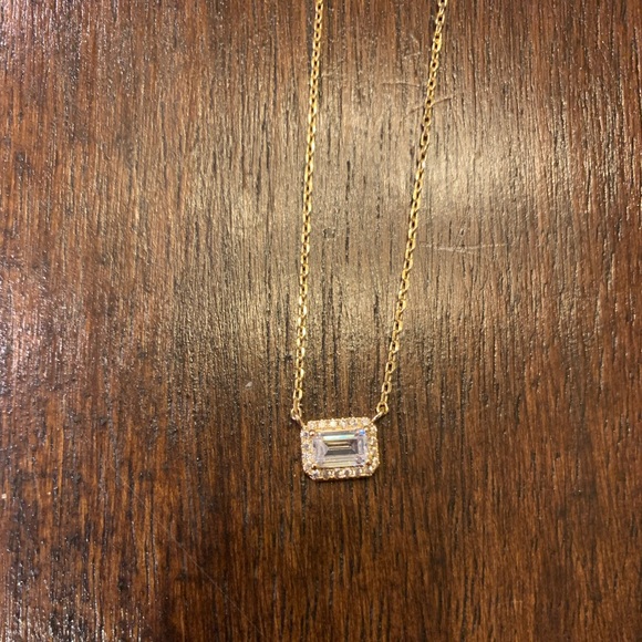 Pave Outlined Baguette Solitaire Pendant Necklace Made From Brass 14K Gold Plt - Picture 2 of 4